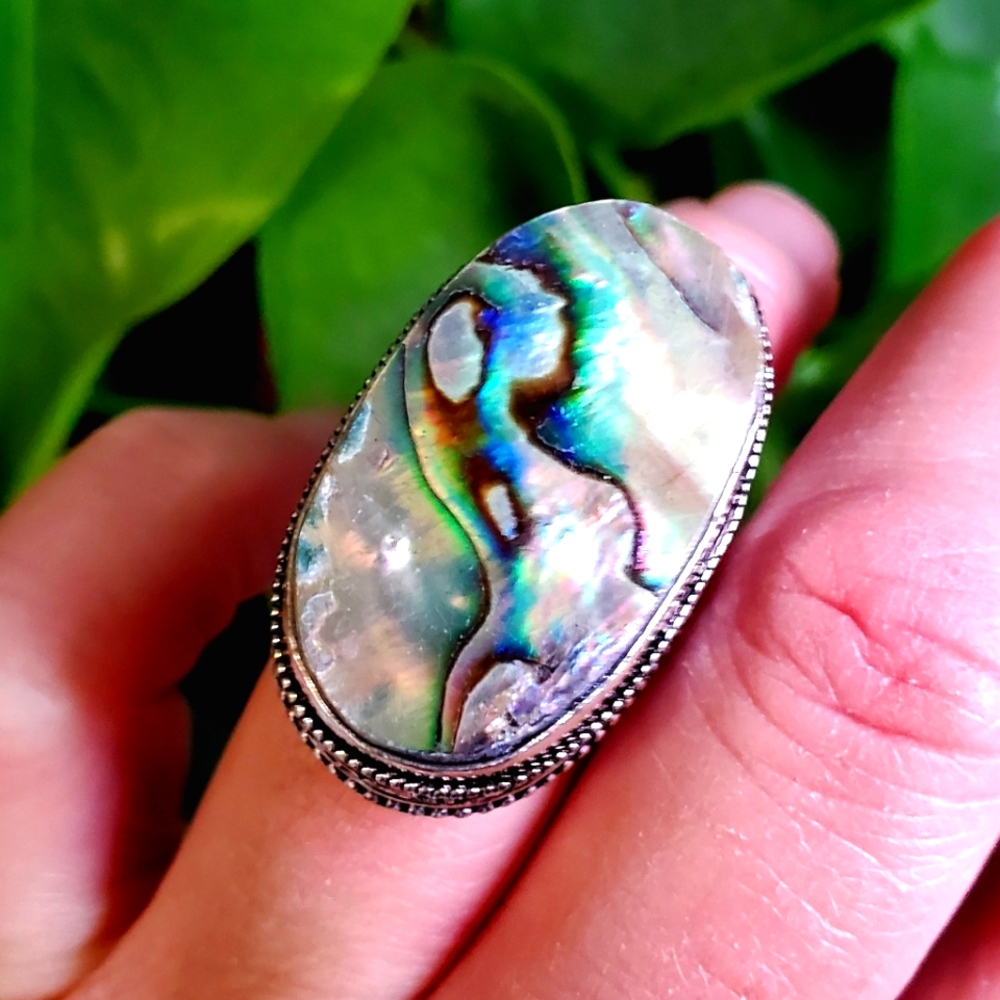 New Oversized Abalone Shell 925 Silver Statement Ring.